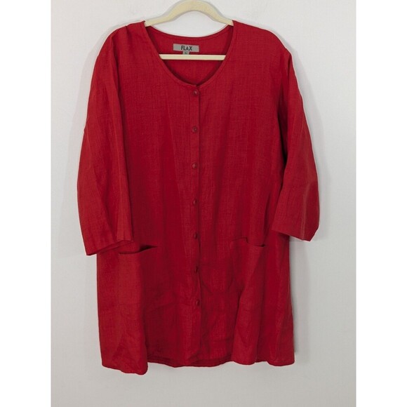 FLAX Tops - Vintage Flax 100% Linen Shacket Shirt Jacket Red Oversized Lagenlook Lagom Sz L